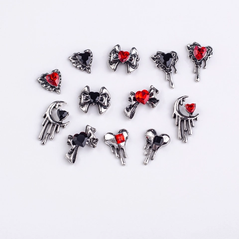 Gothic Nail Art Charms Vintage Silver Alloy Heart Bowknot Rhinestone Dark Punk Style Manicure DIY Decoration Accessories