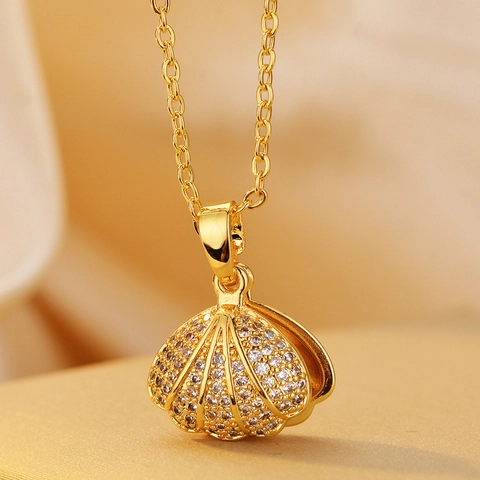 Collar Con Colgante De Perla Artificial Y Concha Con Cadena De Cobre Incrustada De Circonitas Joyería Elegante Para Mujer