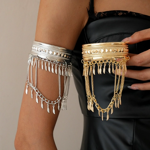 Bracciale Da Braccio Boemo Largo Aperto Ferro Geometrico Goffrato Nappa Di Foglia Catena Polsino Etnico Punk Gioielli Donna