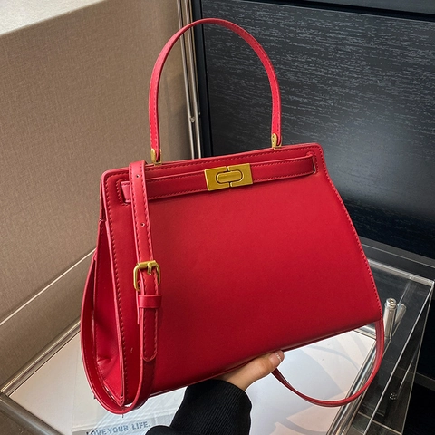 Elegant PU Leather Handbag Gold Lock Buckle Top Handle Crossbody Shoulder Bag For Women Daily Wedding Fashion