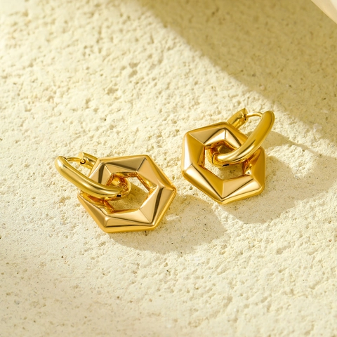 Boucles D'Oreilles Créoles Géométriques Hexagonales Acier Inoxydable Plaqué Or 18K Style Vintage Minimaliste Pour Femmes
