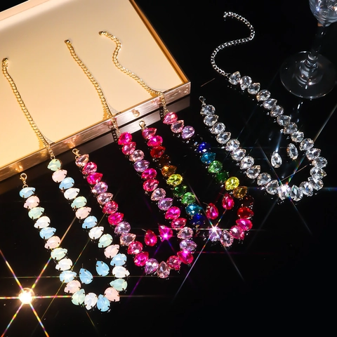 Κολιέ Σκουλαρίκια Με 925 Sterling Silver Earring Post Πολύχρωμο Κρύσταλλο Δάκρυ Οβάλ Γυναίκες Πάρτι Συμπόσιο