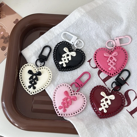 Heart Keychain Ribbon Bow Tie Balletcore Sweet Cool Lace Resin Plastic Hanging Accessory For Backpack Schoolbag Girls