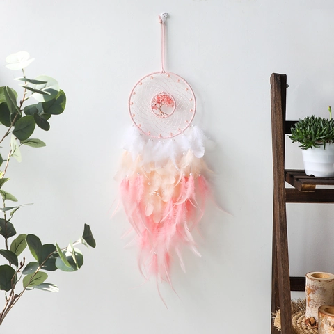 Handmade Dreamcatcher With Feather Tree Of Life Crystal Beads Hanging Wall Decor For Bedroom Boho Home Ornament Wedding Gift