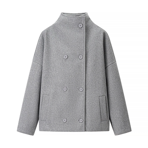 Dames Double-breasted Wollen Jas Opstaande Kraag Effen Kleur Lange Mouw Jas Herfst Winter Casual Bovenkleding Voor Dames