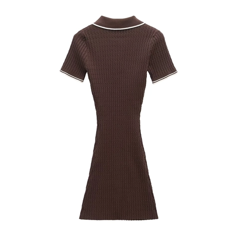 Kurzarm Polo Strick Minikleid Zopfstrick Kontrastbesatz Schmal Geschnitten Knopfleiste Lässig Elegant Damen