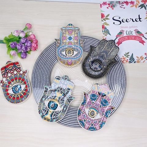 Bandeja de Joyas de Cerámica Nórdica Mano de Fátima Ojo Turco Mandala Plato de Anillos Decorativo Almacenamiento Collares Hogar