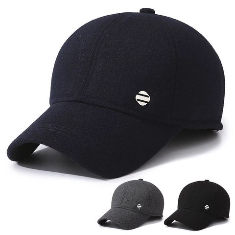 Men Winter Baseball Cap Woolen Warm Fleece Lined With Ear Flaps Windproof Outdoor Sports Adjustable Solid Color Peaked Cap
