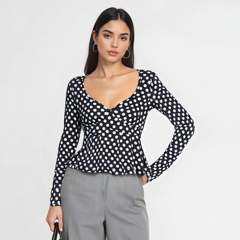 Polka Dot Peplum Top V Neck Long Sleeve Slim Fit Knitted Polyester Women Retro Sexy Blouse