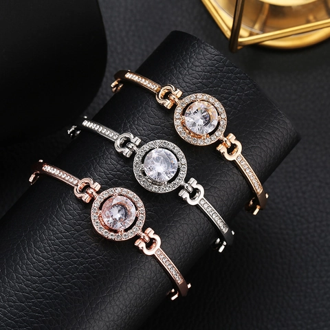 Bracciale Di Moda In Lega Donna Zirconia Cubica Rotonda Halo Fibbia A Ferro Di Cavallo Regolabile Gioielli Eleganti