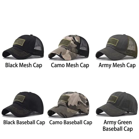 Tactical Cotton Polyester Baseball Cap Embroidered American Flag Camouflage Breathable Mesh Outdoor Adjustable Sun Hat