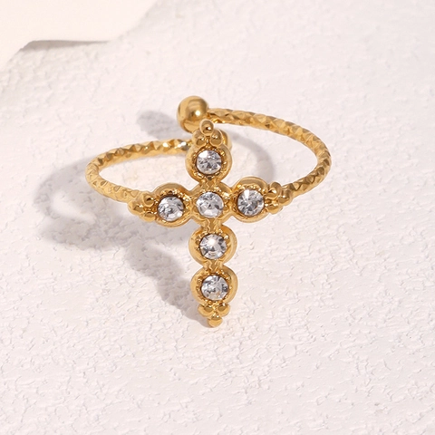 Anello Aperto Croce Acciaio Inossidabile Strass Regolabile Gioielli Vintage Minimalisti Per Donne Placcato Oro 18K