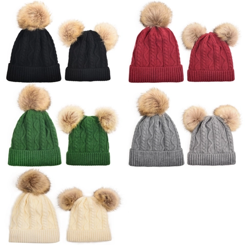 Gorro De Punto Para Mujer Acrilico Grueso Calido De Invierno Con Pompon De Piel Sintetica Desmontable Trenzado Liso