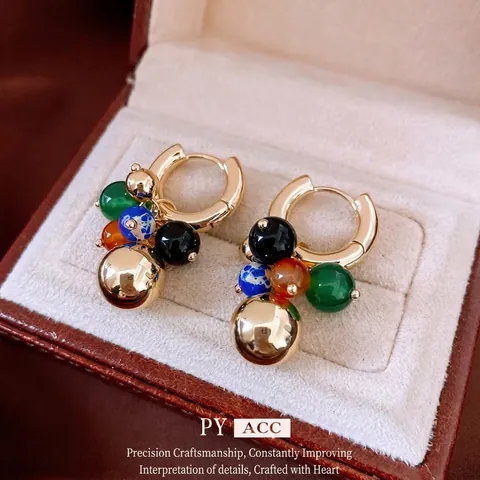 Bohemian Colorful Stone Beaded Hoop Earrings With Polished Gold Ball For Women Vintage Light Luxury Jewelry