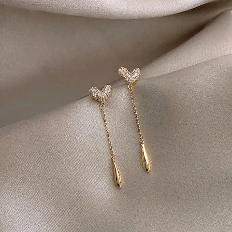 Elegant Heart Tassel Stud Earrings For Women With 925 Sterling Silver Post Gold Plated Copper Rhinestone Dangle Jewelry