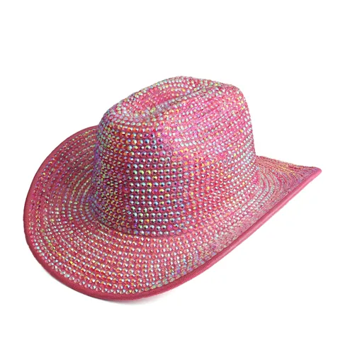 Handmade Rhinestone Western Cowboy Hat Women Vintage Woolen Wide Brim Fedora Hat Sparkly Party Performance Jazz Hat