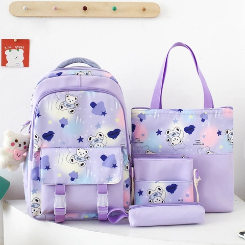 Cute Cartoon Bear Nylon Backpack Tote Crossbody Bag Pencil Case Gradient Color Kawaii School Bags For Girls Students