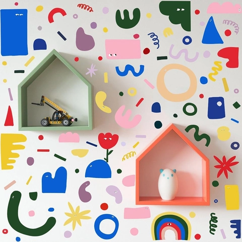 Wandaufkleber PVC Selbstklebend Buntes Geometrisches Muster Abstrakt Cartoon Kleine Monster Für Kinderzimmer Schlafzimmer Dekor