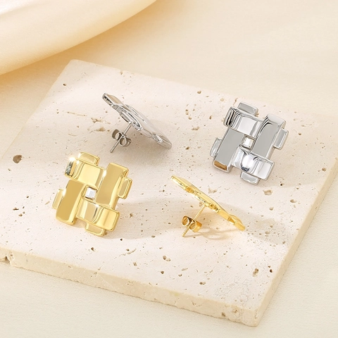 Geometric Woven Stud Earrings Stainless Steel With Square Zircon Vintage Elegant Statement Accessory For Women
