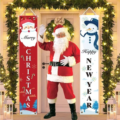 Striscione Natalizio Distici Per Portico Babbo Natale Pupazzo Di Neve Tessuto Oxford Bandiere Appese Decorazione Giardino