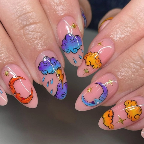 Lange Mandel-Drucknägel Glänzend Acryl Cartoon Wolke Mond Blitz Stern Muster Vollabdeckung Künstliche Nägel Für Frauen