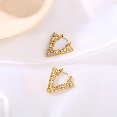Geometric Triangle V Shape Earrings Stainless Steel 18K Gold Plated Cubic Zirconia Inlaid For Women