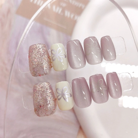 Handmade Press On Nails Cat Eye Flower Design Glitter Glossy ABS Square Round Shape Reusable For Women