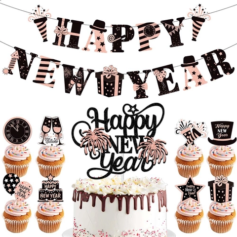 Striscione Happy New Year E Decorazioni Per Torte Carta Luccicante Per Festa Di Capodanno Casa Finestra Ornamento Festivo