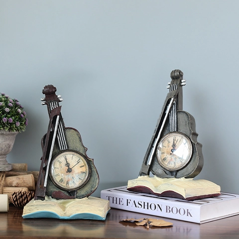 Vintage Kreative Geige Buch Form Tischuhr Retro Harz Musikinstrument Ornament Shabby Chic Tischuhr Für Haus Studium Dekoration Geschenk