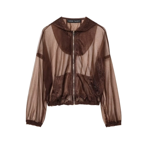 Women's Casual Sheer Metallic Yarn Hooded Jacket Semi Transparent Zip Up Long Sleeve Loose Fit Thin Coat Outerwear