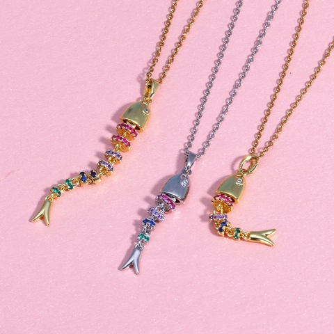 Collar Con Colgante De Espina De Pescado De Circón Colorido Cobre Chapado En Oro Joyería De Animales Para Mujeres