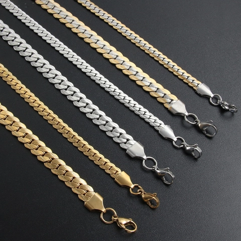 Collana A Catena Grumet Piatta Acciaio Inossidabile Placcato Oro 18K Maglia Goffrata Gioielli Hip Hop Unisex