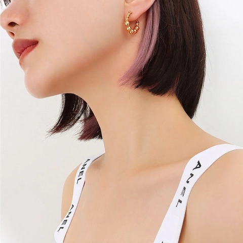 French Vintage Geometric Beaded Hoop Stud Earrings For Women 18K Gold Plated Titanium Steel Round Bead Earrings Fashion Jewelry