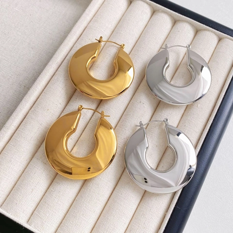 Stainless Steel Hoop Earrings Minimalist Geometric U Shape Hollow Polished Metallic Trendy Ear Buckles For Women