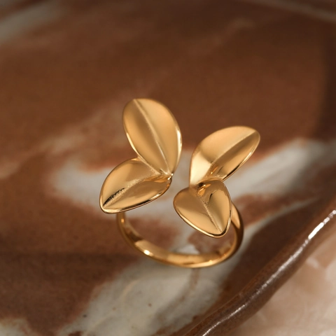 Petal Leaf Design Adjustable Open Ring 316 Stainless Steel PVD Gold Plated Waterproof Non Tarnish Elegant Women Jewelry