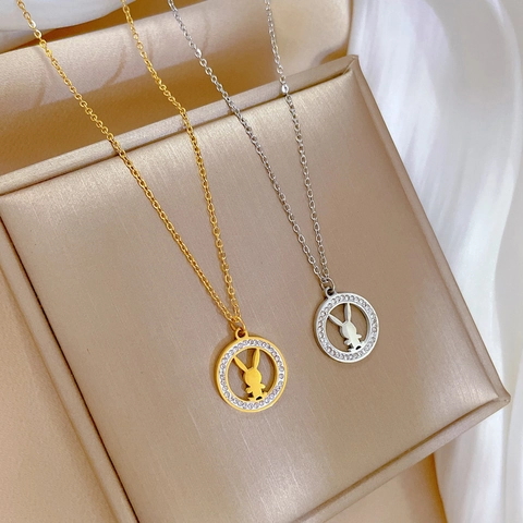 Collana Minimalista Acciaio Titanio Ciondolo Coniglio Strass Cerchio Cavo Catena Clavicola Gioielli Moda Donna