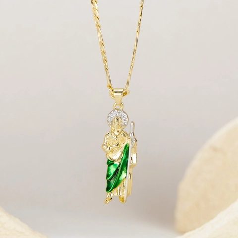 Sint Judas Thaddeüs Medaille Halsketting Verguld Koper Groen Email Religieuze Figuur Hip Hop Sieraden Cadeau