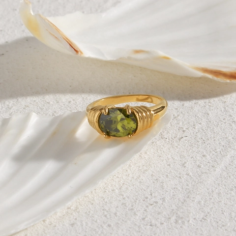 Anello In Acciaio Inossidabile Con Zircone Ovale Texture A Costine Placcato Oro Gioielli Per Donna