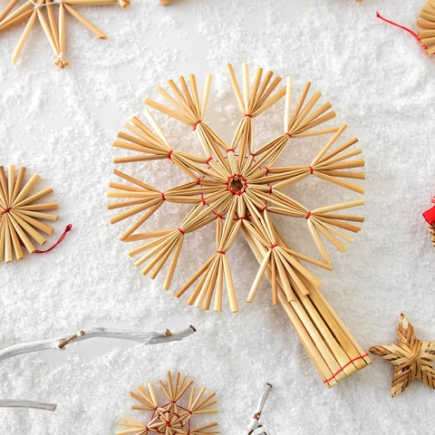 Natural Wheat Straw Christmas Hanging Ornaments Set Stars Snowflakes Tree Toppers Rustic Holiday Home Decor