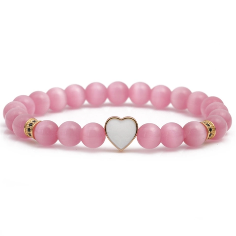 Bracciale Di Perle In Pietra Occhio Di Gatto Rosa Con Ciondolo A Cuore In Smalto Rame Distanziatori Dorati Gioielli Donna