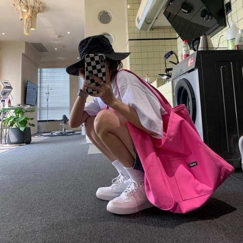 Large Capacity Canvas Tote Bag Minimalist Shoulder Handbag Solid Color Versatile Women Commuter Casual Style