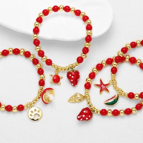 Beaded Bracelet 18K Gold Plated Copper Red Beads Strawberry Mushroom Fruit Charms Elastic Fashion Jewelry For Women