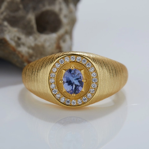 Vintage S925 Sterling Silver Natural Tanzanite Open Ring For Women Gold Plated Brushed Zirconia Inlaid Luxury Gemstone Ring