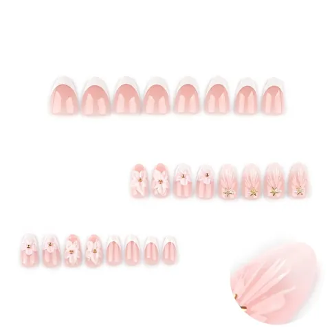 French Press On Nails With 3D Flowers Starfish Artificial Pearls Short Almond Shape Full Cover Artificial False Fingernails For Women