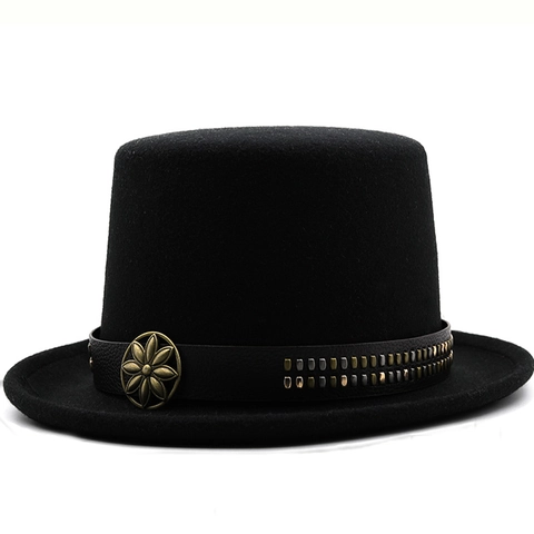 Vintage Top Hat Woolen Felt Magician Hat With Artificial Pearl Chain Leather Belt Feathers For Stage Party Performance Unisex