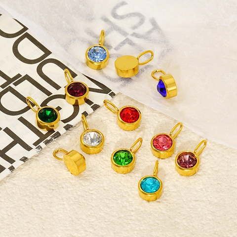 Round Birthstone Pendant 18K Gold Plated Stainless Steel Faceted Cubic Zirconia Charm For Jewelry Making