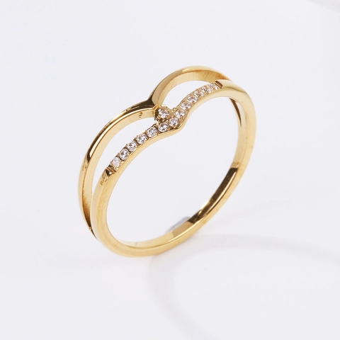V Shaped Double Layer Ring Titanium Steel Micro Pave Cubic Zirconia Geometric Fashion Jewelry For Women Elegant