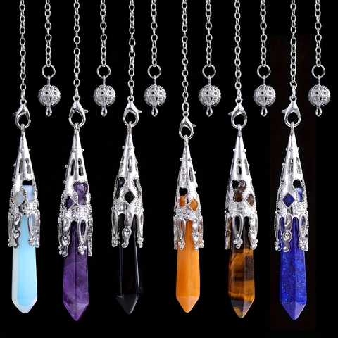 Natural Stone Hexagonal Prism Pendant Necklace Alloy Hollow Cap Crystal Healing Point Dowsing Pendulum For Women Men