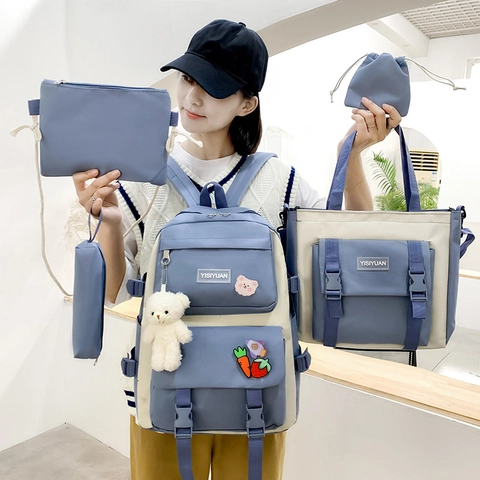 Backpack Tote Shoulder Bag Pencil Case Pouch Korean Style Canvas School Bookbag For Students Girls Color Block Cartoon