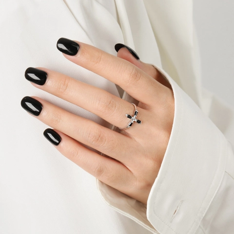Anello A Croce In Argento Sterling 925 Per Donna Con Pietra Nera E Zircone Chiaro Gioielli Minimalisti